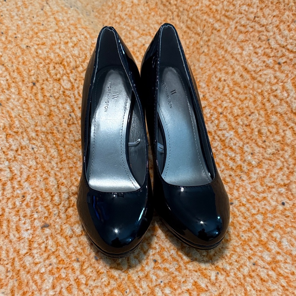Worthington Black Patent Round-Toe Pumps
